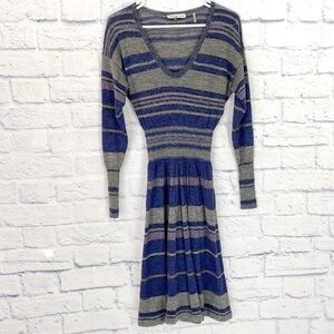 Rebecca Taylor metallic blue striped v neck long sleeve dress